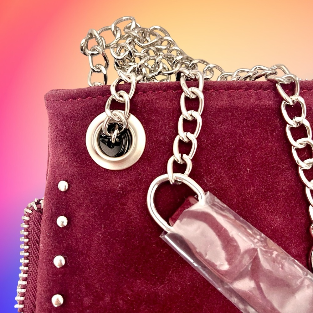 Burgundy Faux Suede Zip Close Crossbody Studded Detail NWOT - Picture 8 of 8